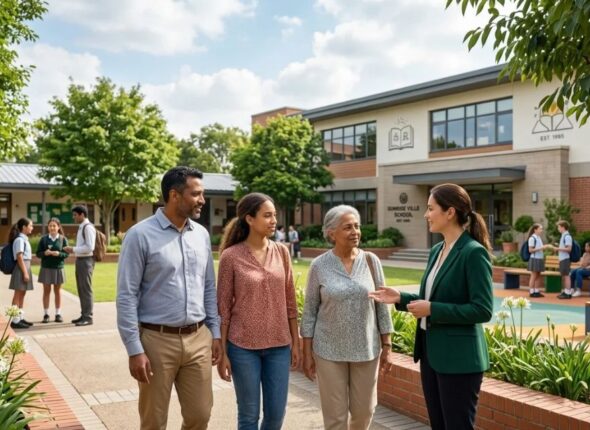 parents discussing with teacher in a school